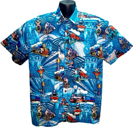 Train and Railroad Hawaiian Shirt- Made in USA- 100% Cotton